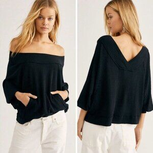 Free People Westend Oversized Waffle Knit Top Dolman Black size M Boho Resort